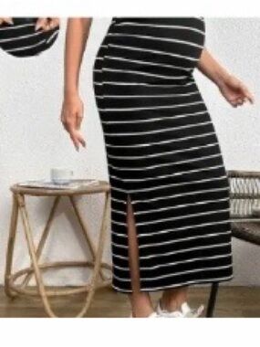 Maternity maxi Skirt - Striped Black & White Maxi Skirt with Side Slit